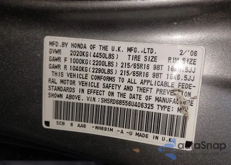 2006 Honda Cr-V Lx from USA, damaged, VIN SHSRD68556U406325